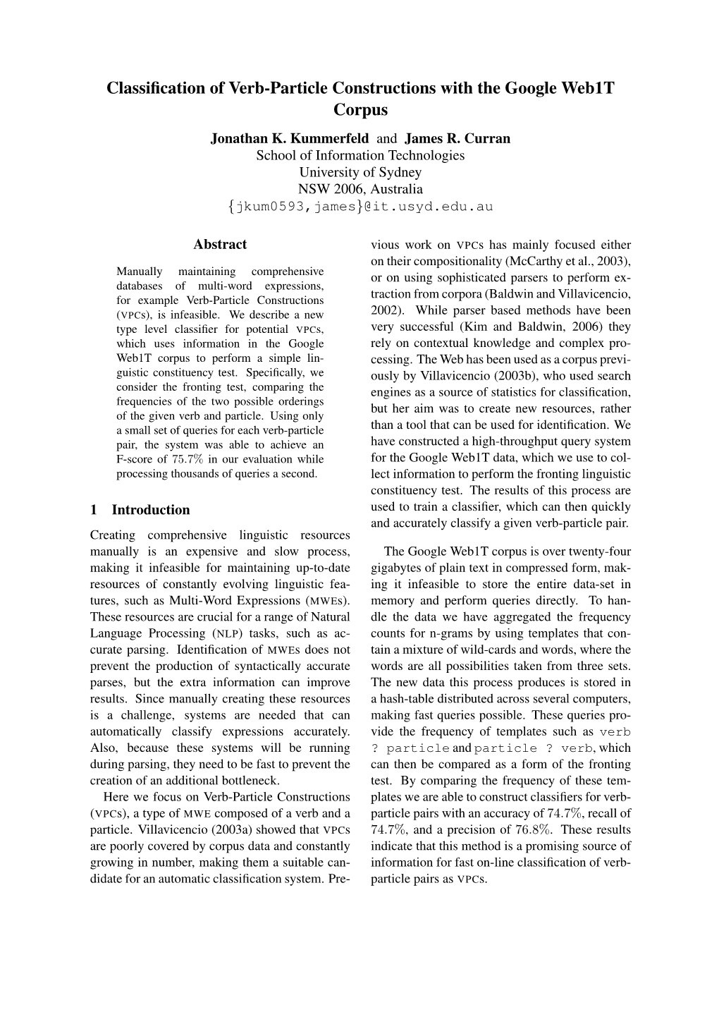 Classification of Verb-Particle Constructions with the Google