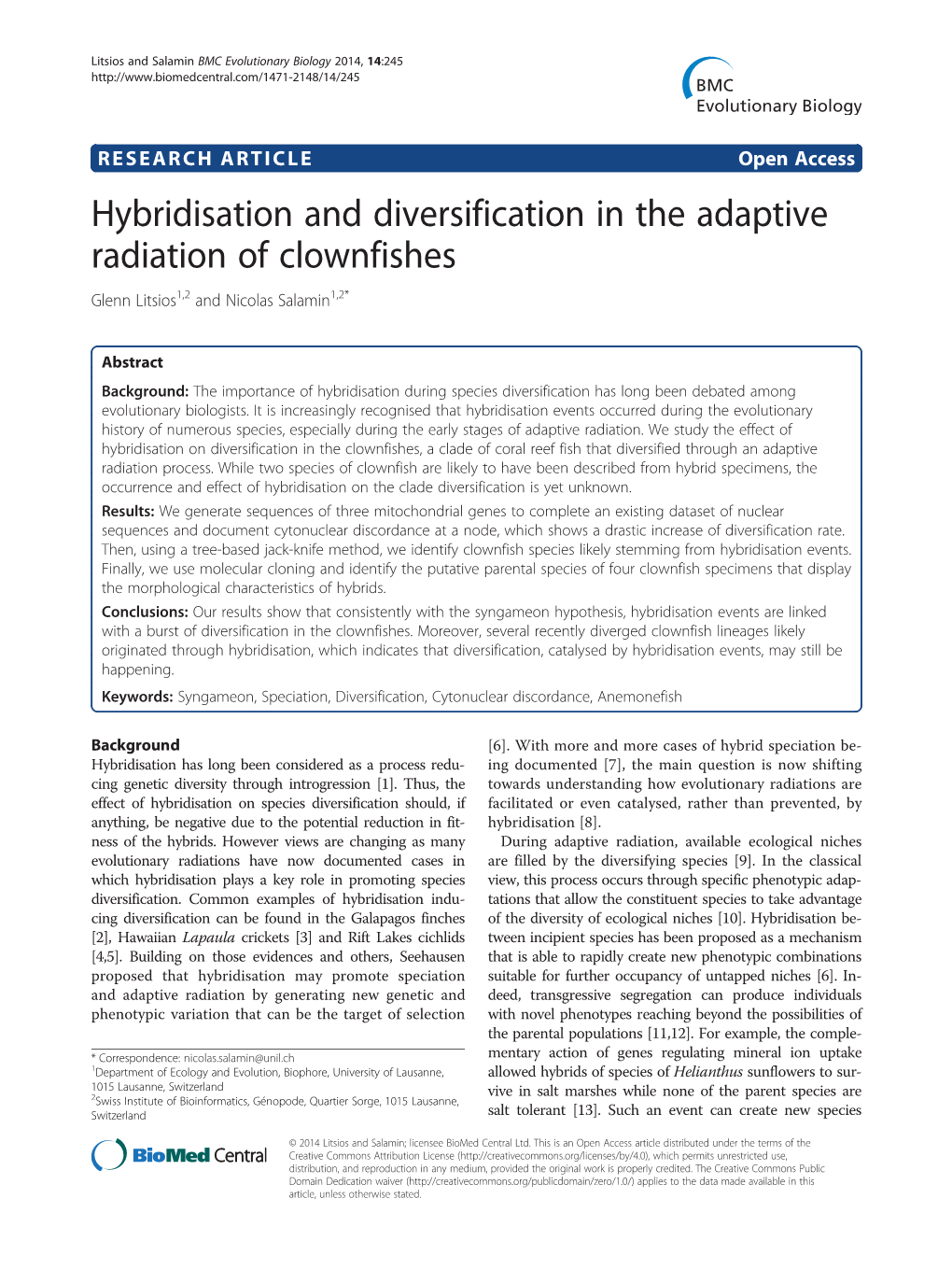 Hybridisation and Diversification in the Adaptive Radiation of Clownfishes Glenn Litsios1,2 and Nicolas Salamin1,2*