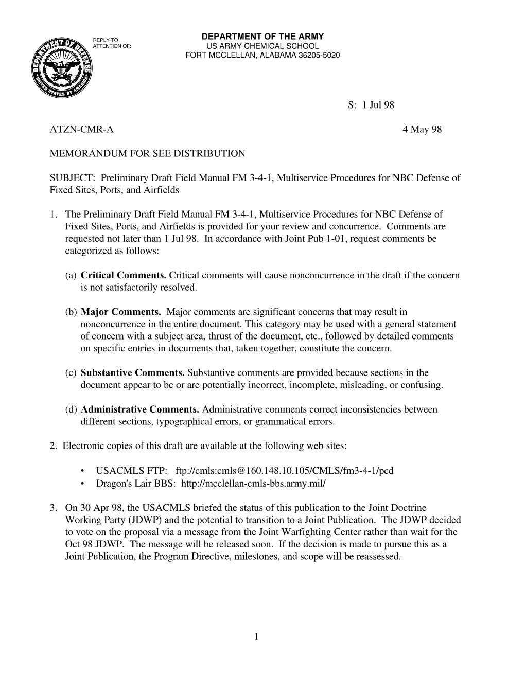 Preliminary Draft Field Manual FM 3-4-1, Multiservice Procedures for NBC Defense of Fixed Sites, Ports, and Airfields