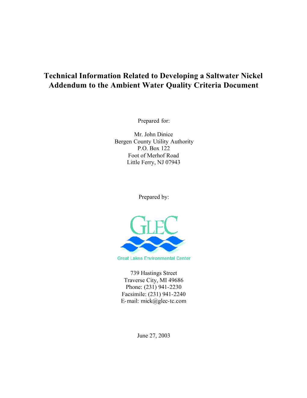 Technical Information Related to Developing a Saltwater Nickel Addendum to the Ambient Water Quality Criteria Document