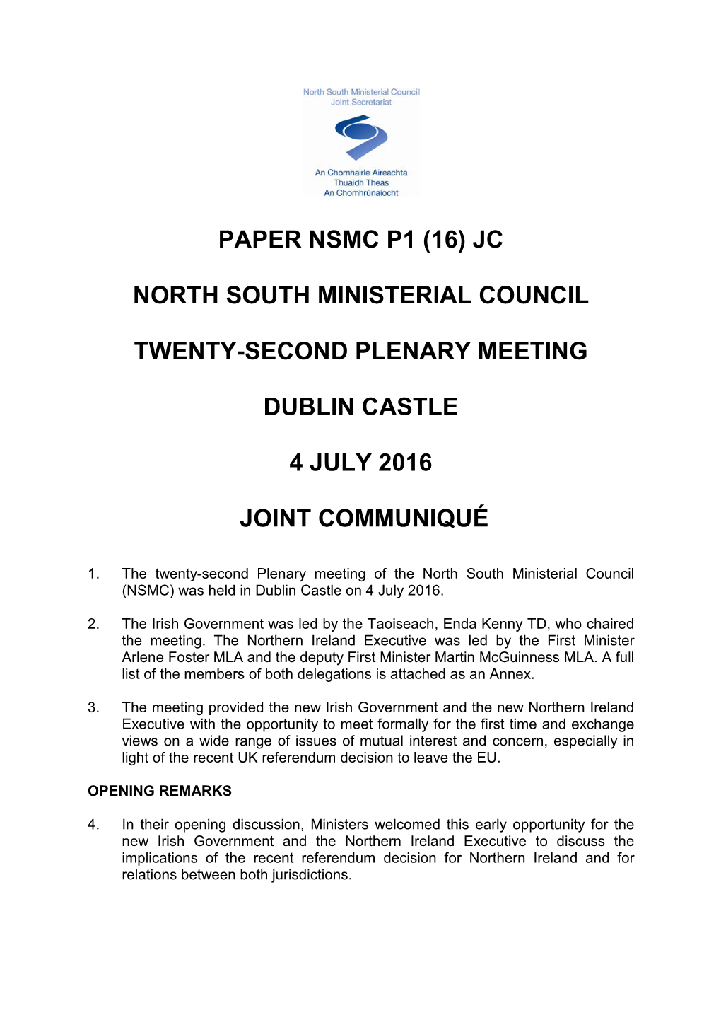 Paper Nsmc P1 (16) Jc North South Ministerial Council