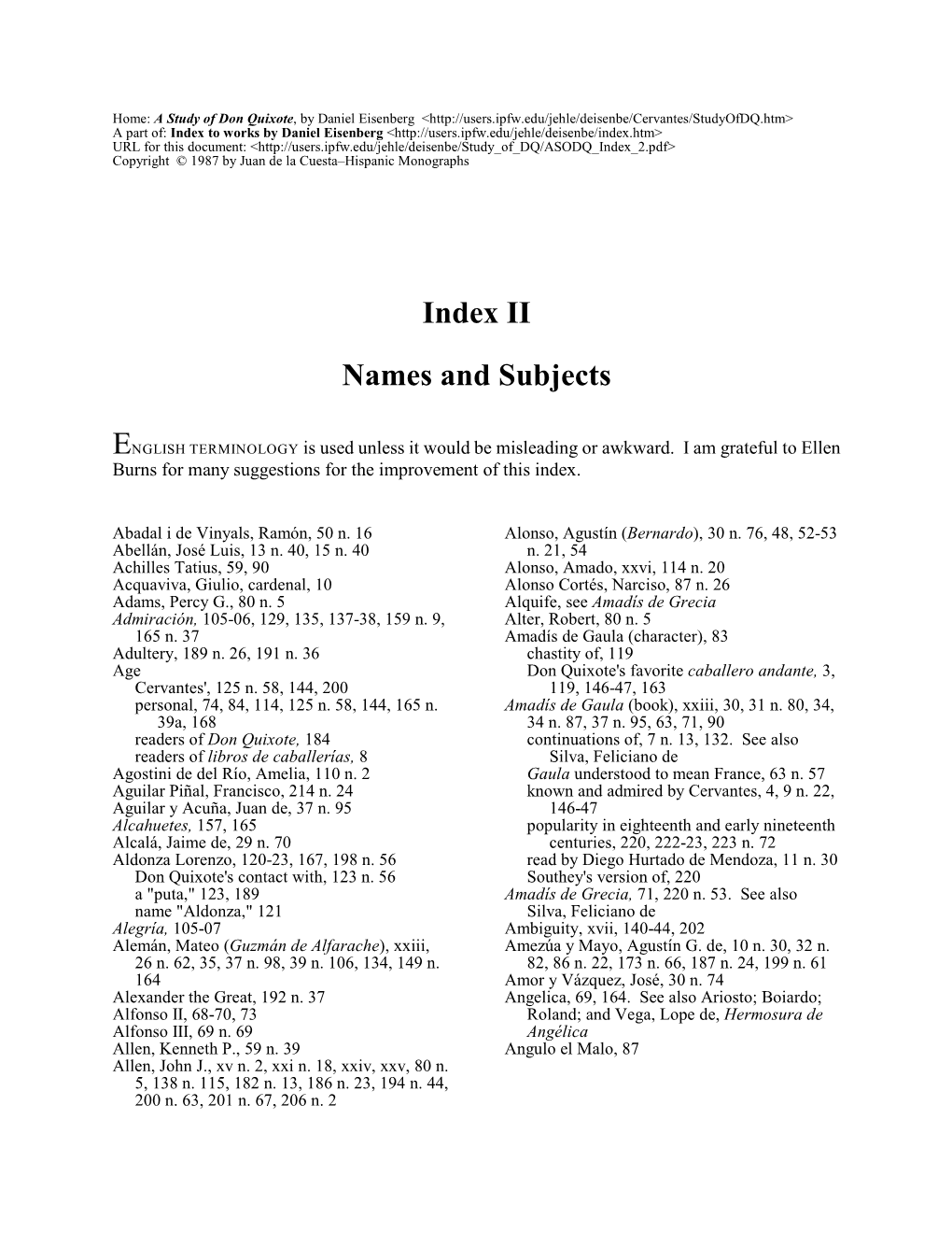 A Study of Don Quixote: Index II, Names and Subjects