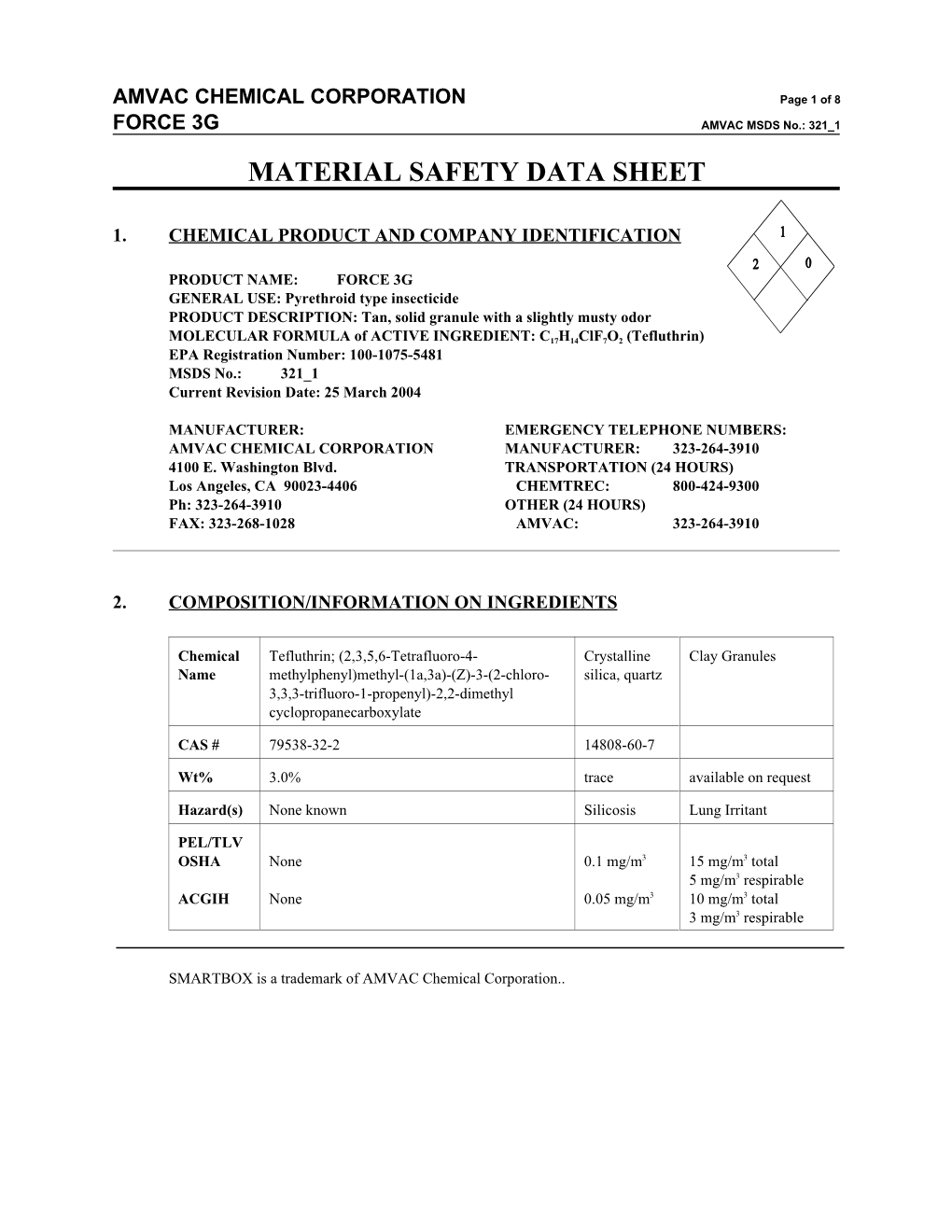 MSDS No.: 321 1 MATERIAL SAFETY DATA SHEET