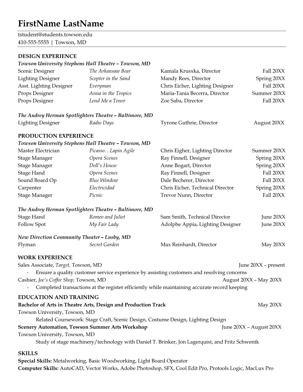 Theatre Arts Resume Sample (PDF)