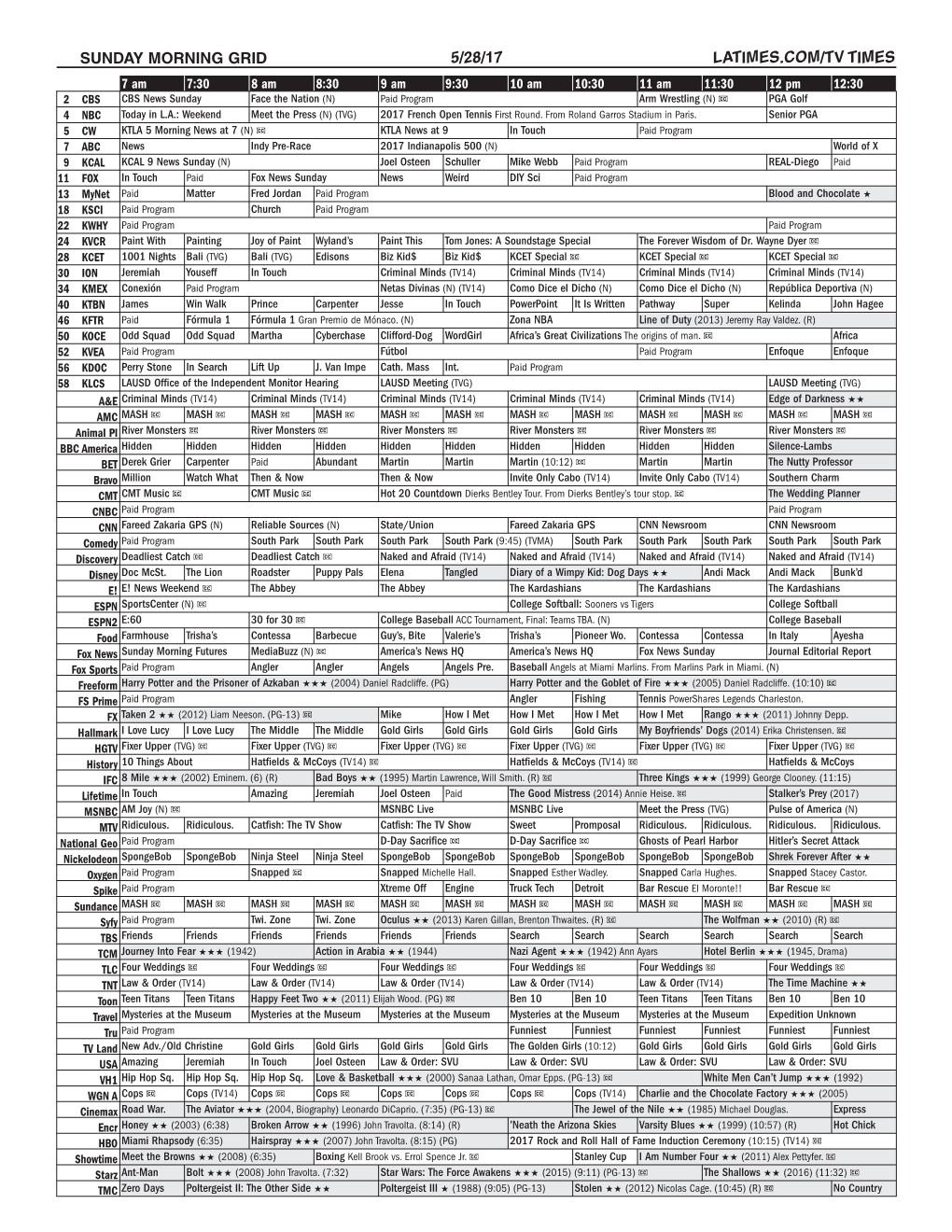 Sunday Morning Grid 5/28/17 Latimes.Com/Tv Times