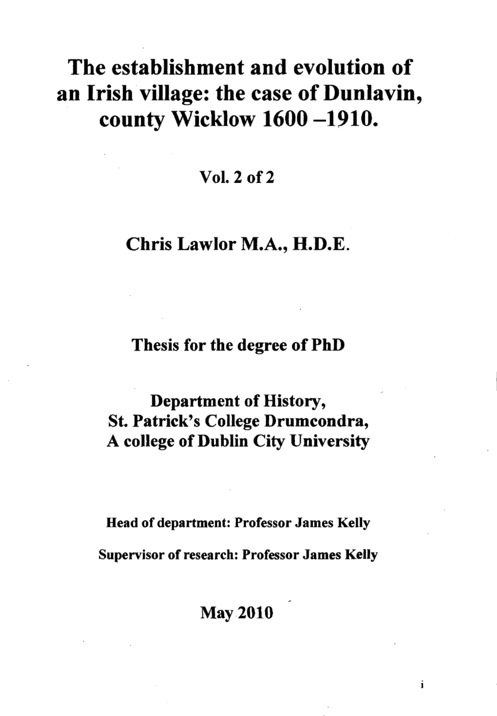 The Case of Dunlavin, County Wicklow 1600 -1910