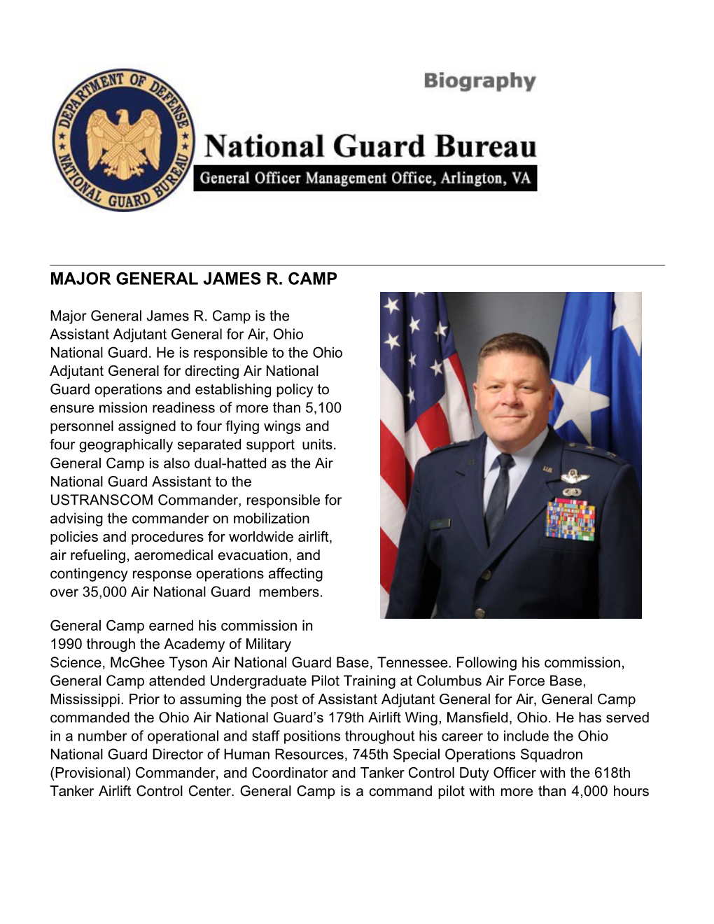 Maj Gen Camp Biography OH ATAG USTC CC Advisor.Docx