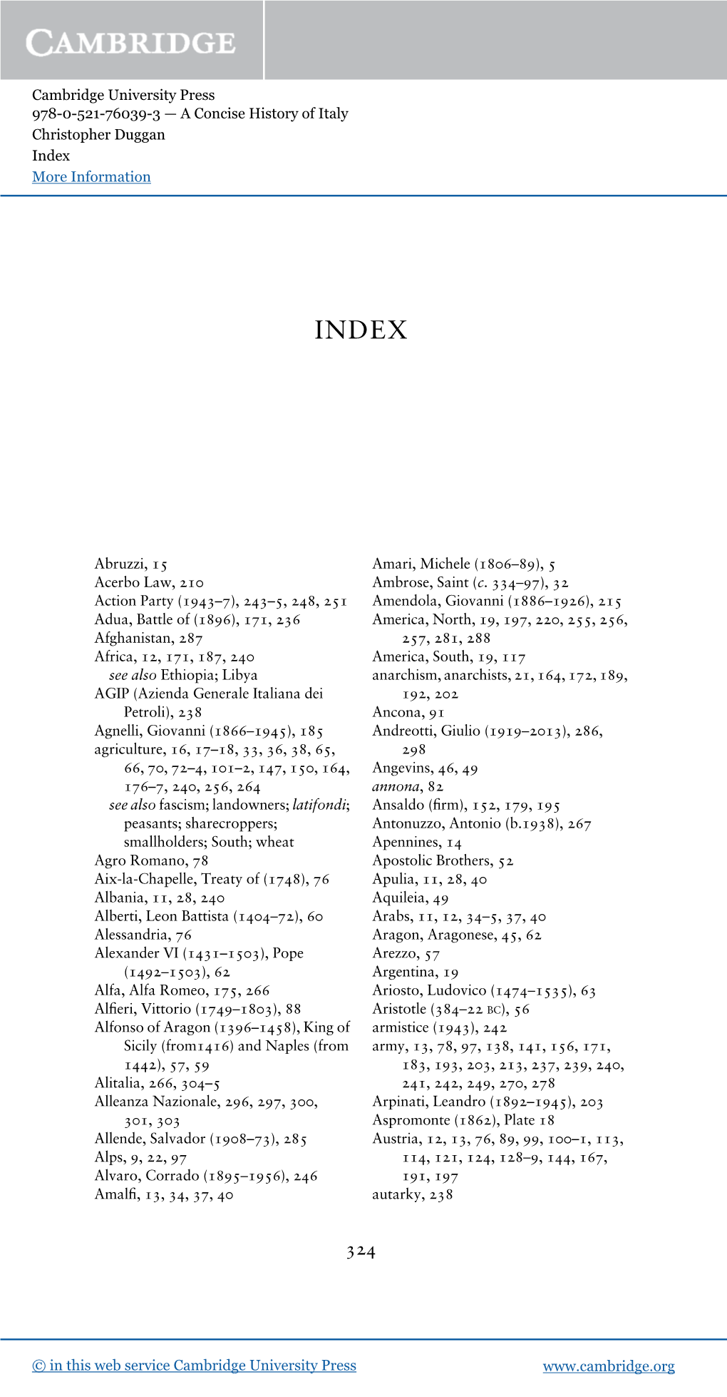 Cambridge University Press 978-0-521-76039-3 — a Concise History of Italy Christopher Duggan Index More Information