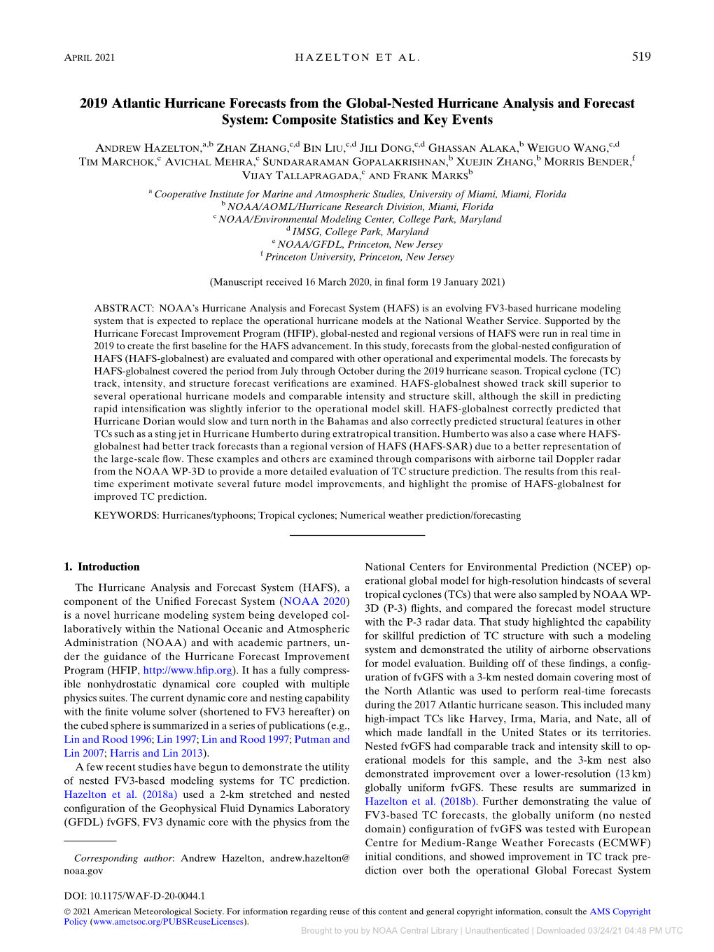 2019 Atlantic Hurricane Forecasts from the Global-Nested Hurricane Analysis and Forecast System: Composite Statistics and Key Events