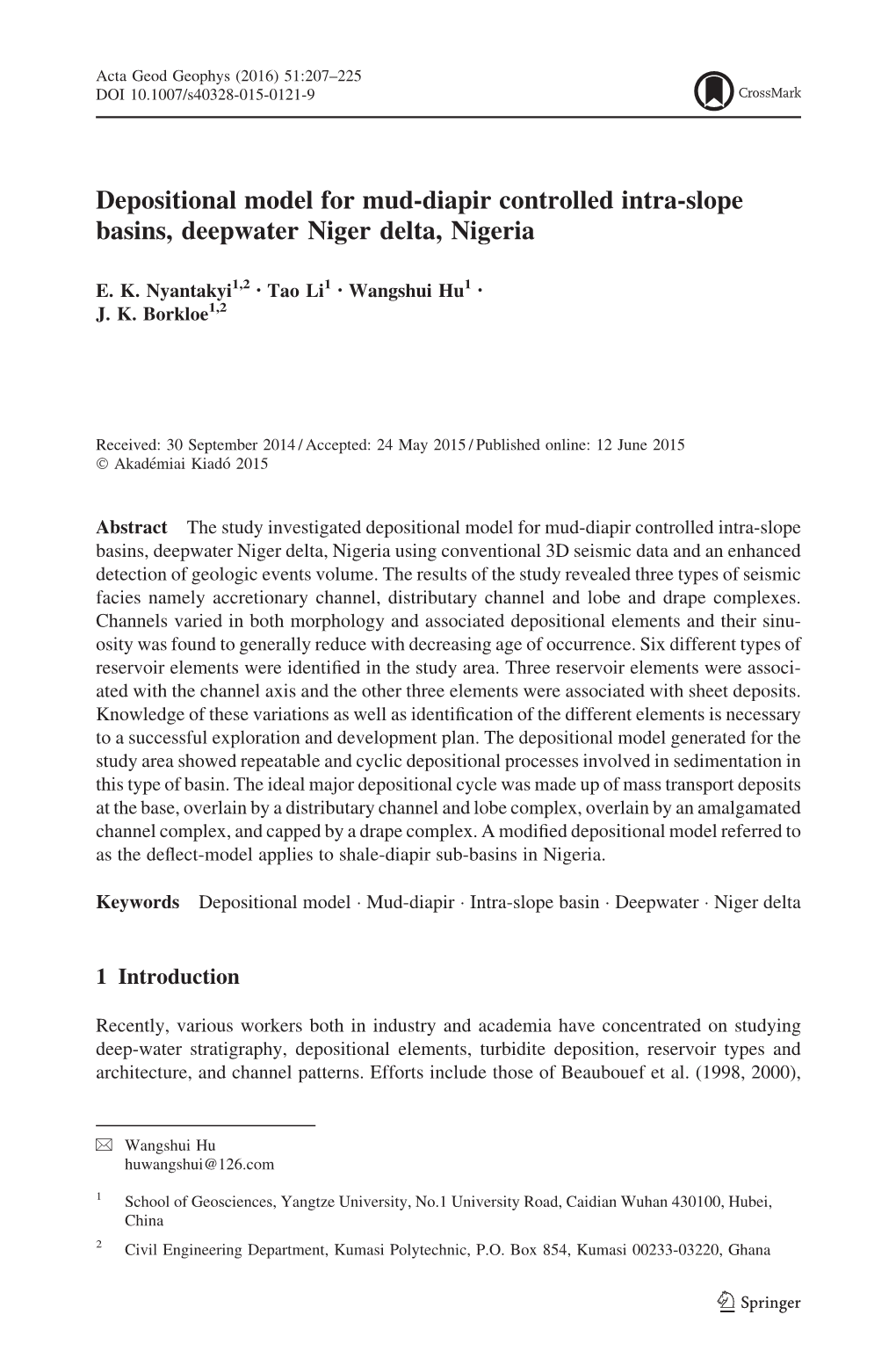 Depositional Model for Mud-Diapir Controlled Intra-Slope Basins, Deepwater Niger Delta, Nigeria