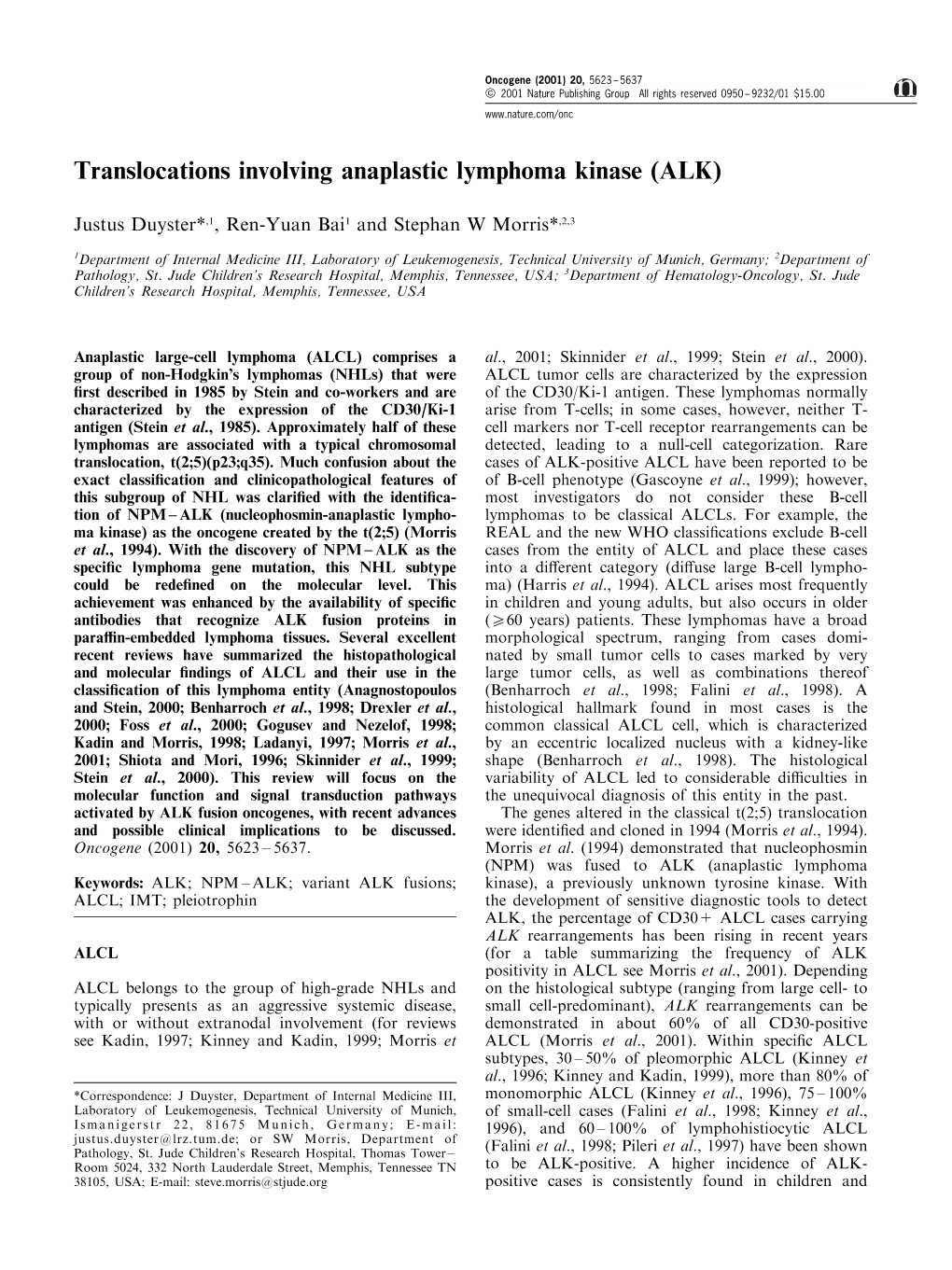 Translocations Involving Anaplastic Lymphoma Kinase (ALK)