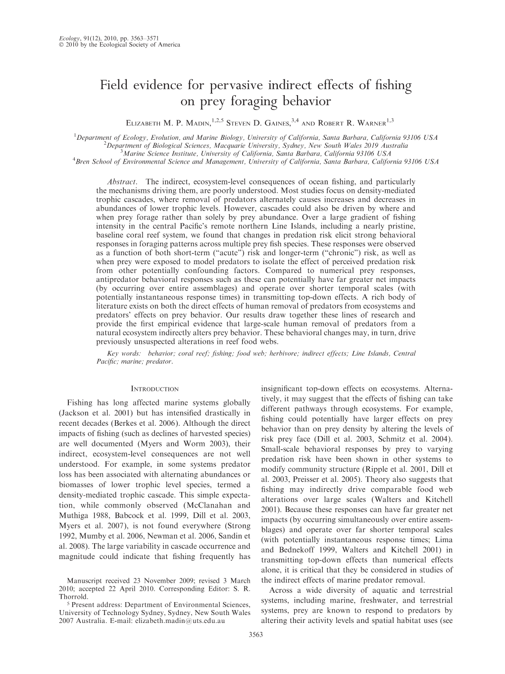 Field Evidence for Pervasive Indirect Effects of Fishing on Prey Foraging Behavior