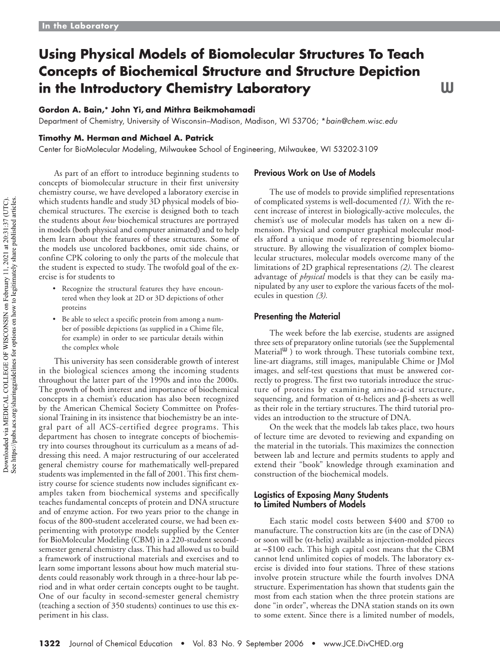 Bain, G., Yi, J., Beikmohamadi, M., Herman, T. and Patrick, M. 2006. Using Physical Models To