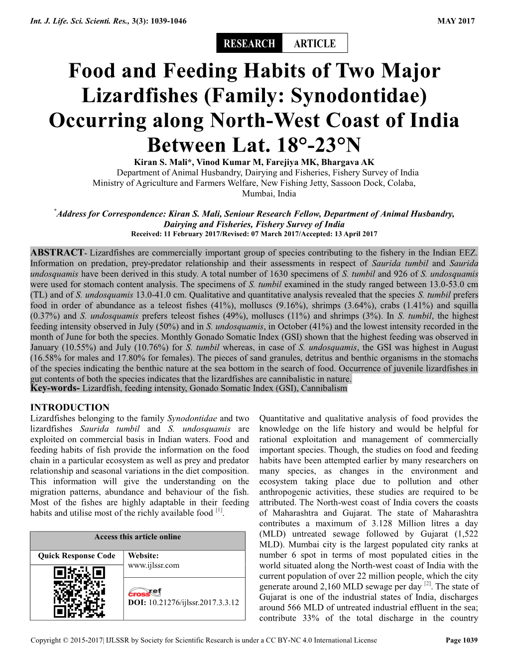 Food and Feeding Habits of Two Major Lizardfishes (Family: Synodontidae) Occurring Along North-West Coast of India Between Lat