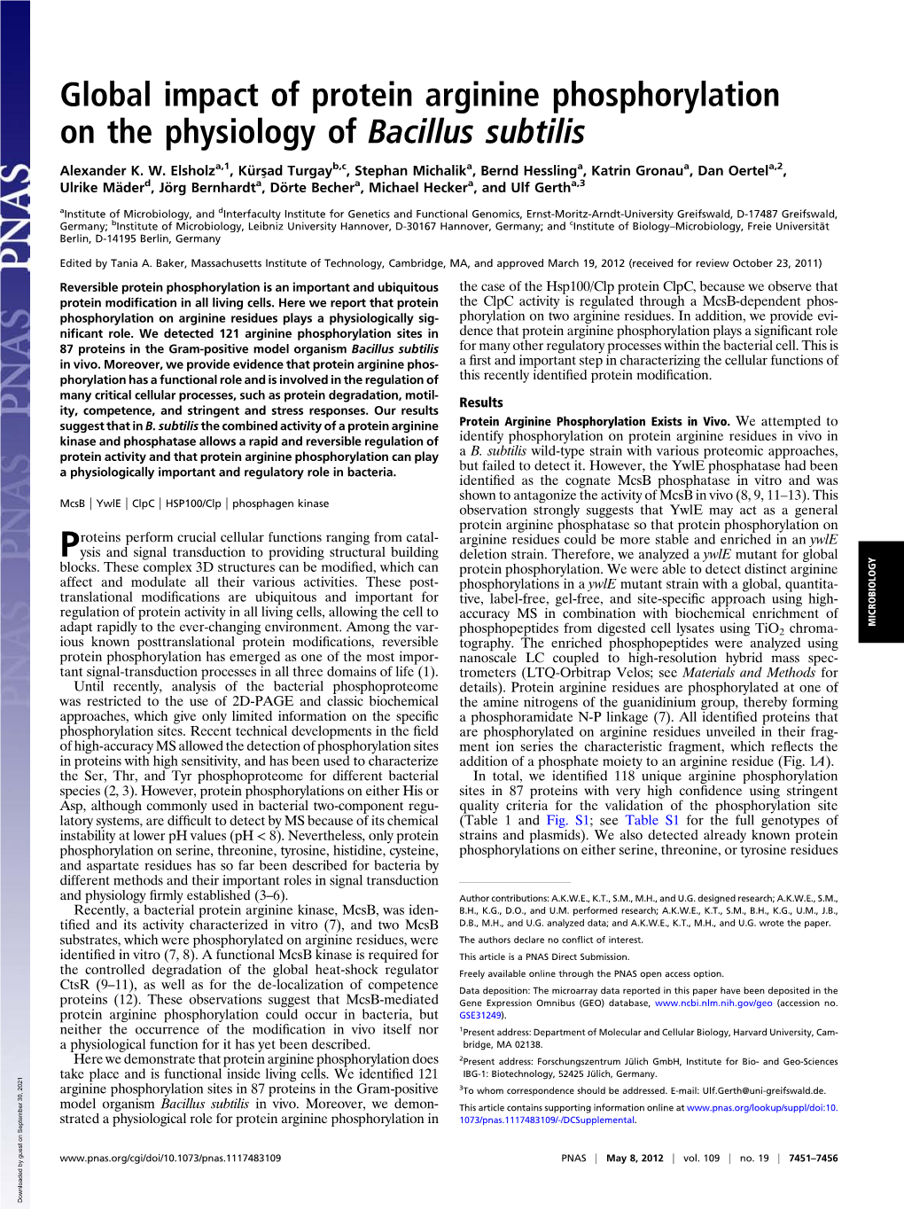 Global Impact of Protein Arginine Phosphorylation on the Physiology of Bacillus Subtilis