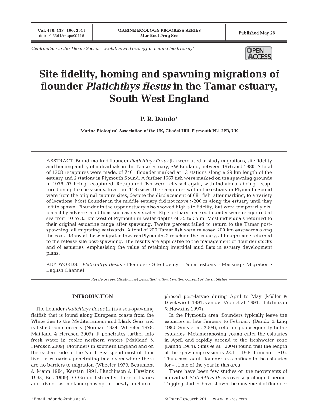 Site Fidelity, Homing and Spawning Migrations of Flounder Platichthys
