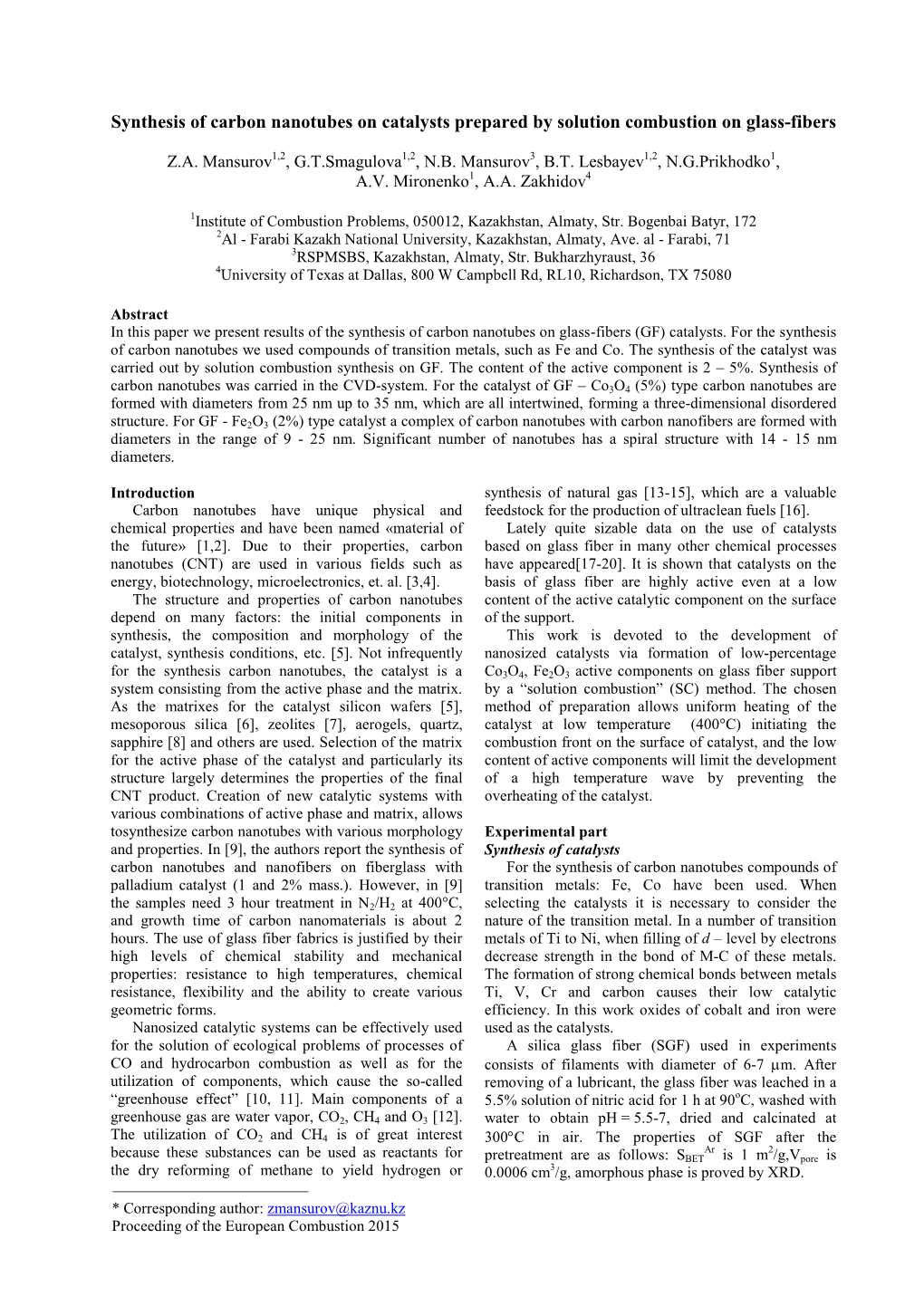 Synthesis of Carbon Nanotubes on Catalysts Prepared by Solution Combustion on Glass-Fibers