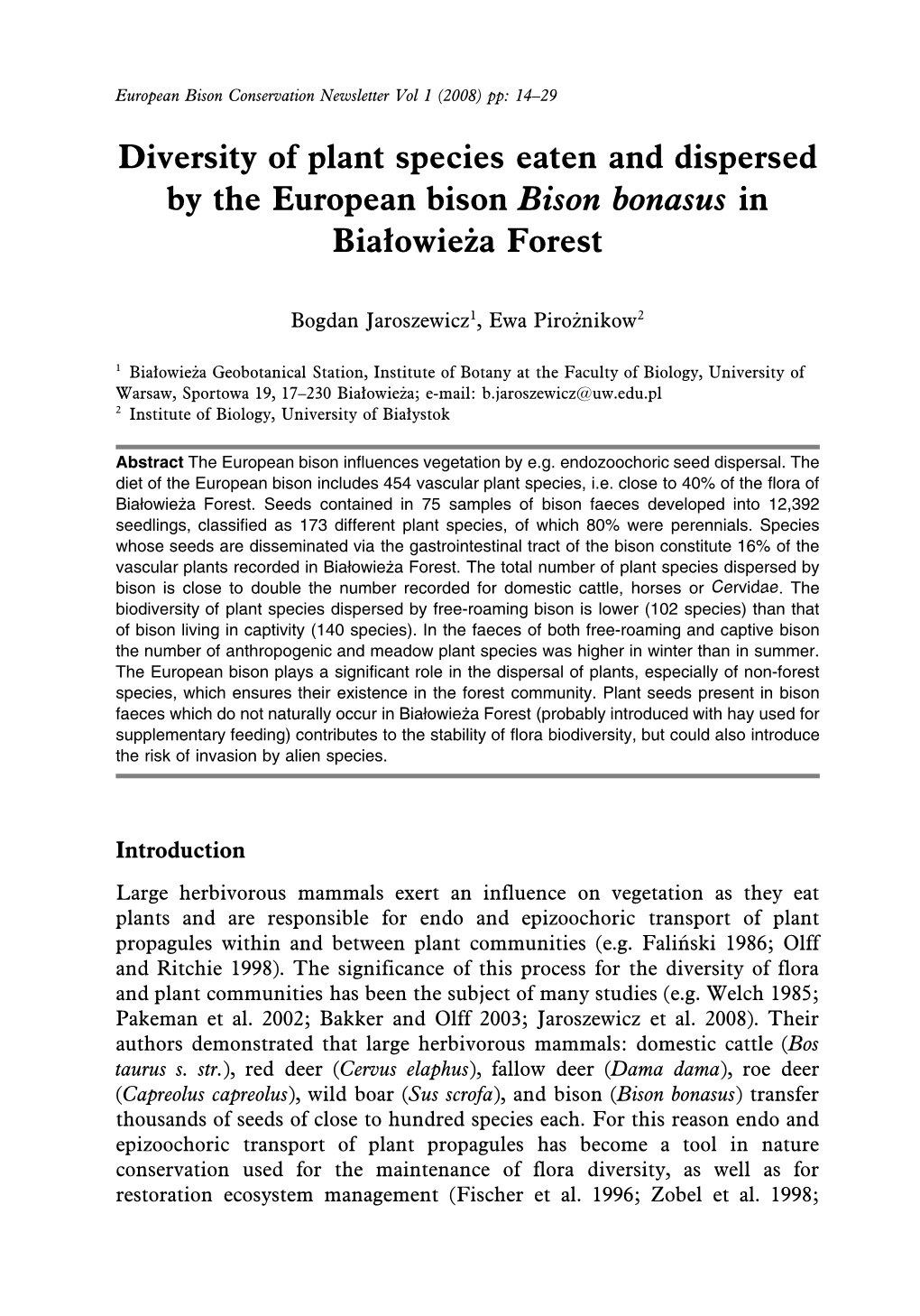 Diversity of Plant Species Eaten and Dispersed by the European Bison Bison Bonasus in Białowieża Forest