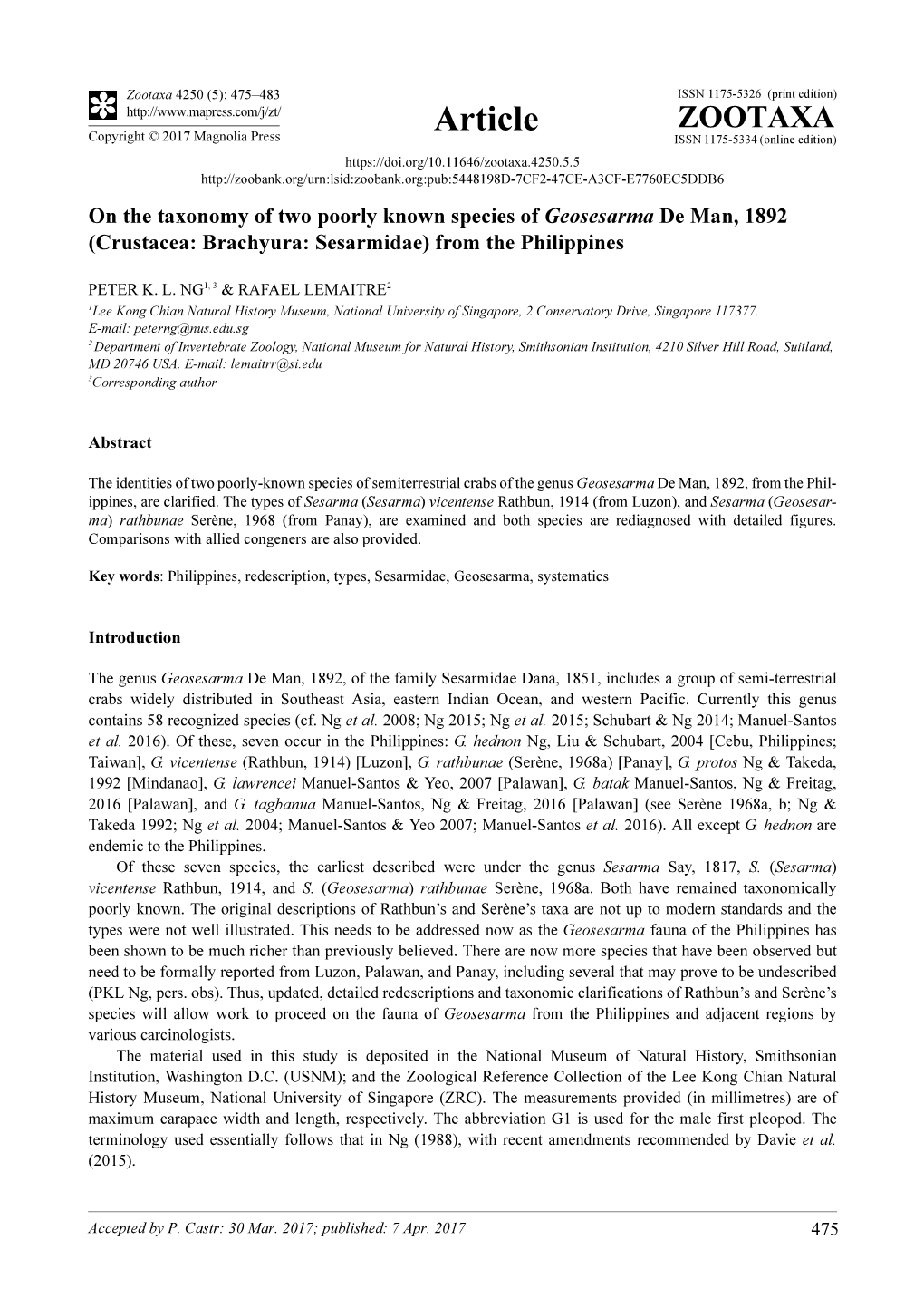 On the Taxonomy of Two Poorly Known Species of Geosesarma De Man, 1892 (Crustacea: Brachyura: Sesarmidae) from the Philippines