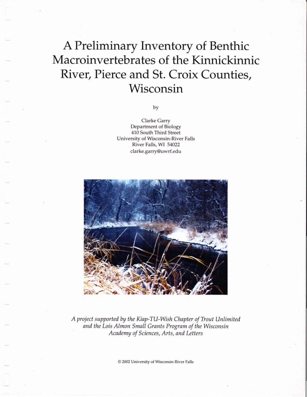 A Preliminary Inventory of Benthic Macroinvertebrates of the Kinnickinnic River, Pierce and St