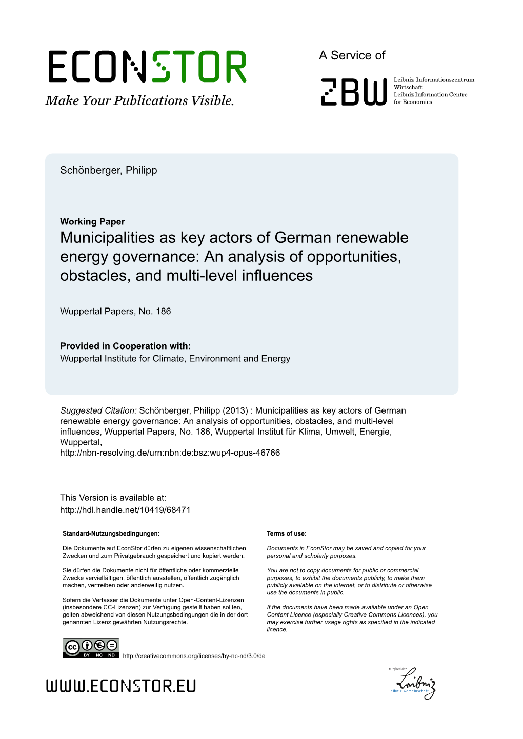 Municipalities As Key Actors of German Renewable Energy Governance: an Analysis of Opportunities, Obstacles, and Multi-Level Influences