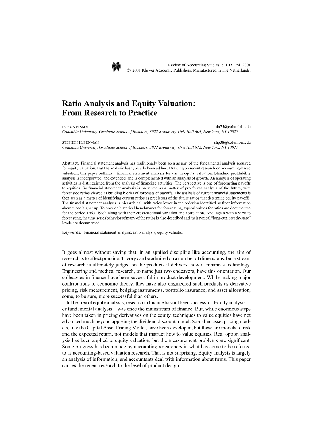 Ratio Analysis and Equity Valuation: from Research to Practice