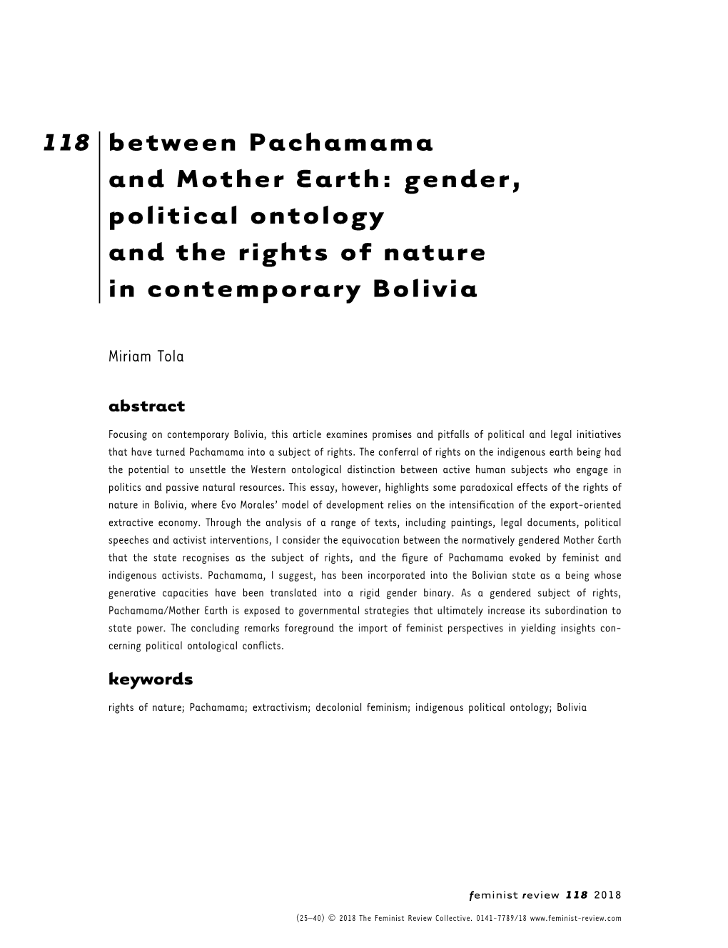 Between Pachamama and Mother Earth: Gender, Political Ontology and the Rights of Nature in Contemporary Bolivia