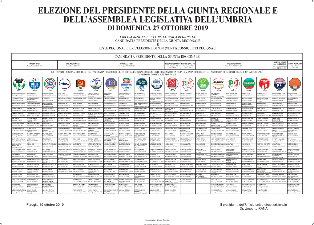 Candidati a Presidente Della Giunta Regionale E Liste Regionali Per L’Elezione Di N.20 (Venti) Consiglieri Regionali