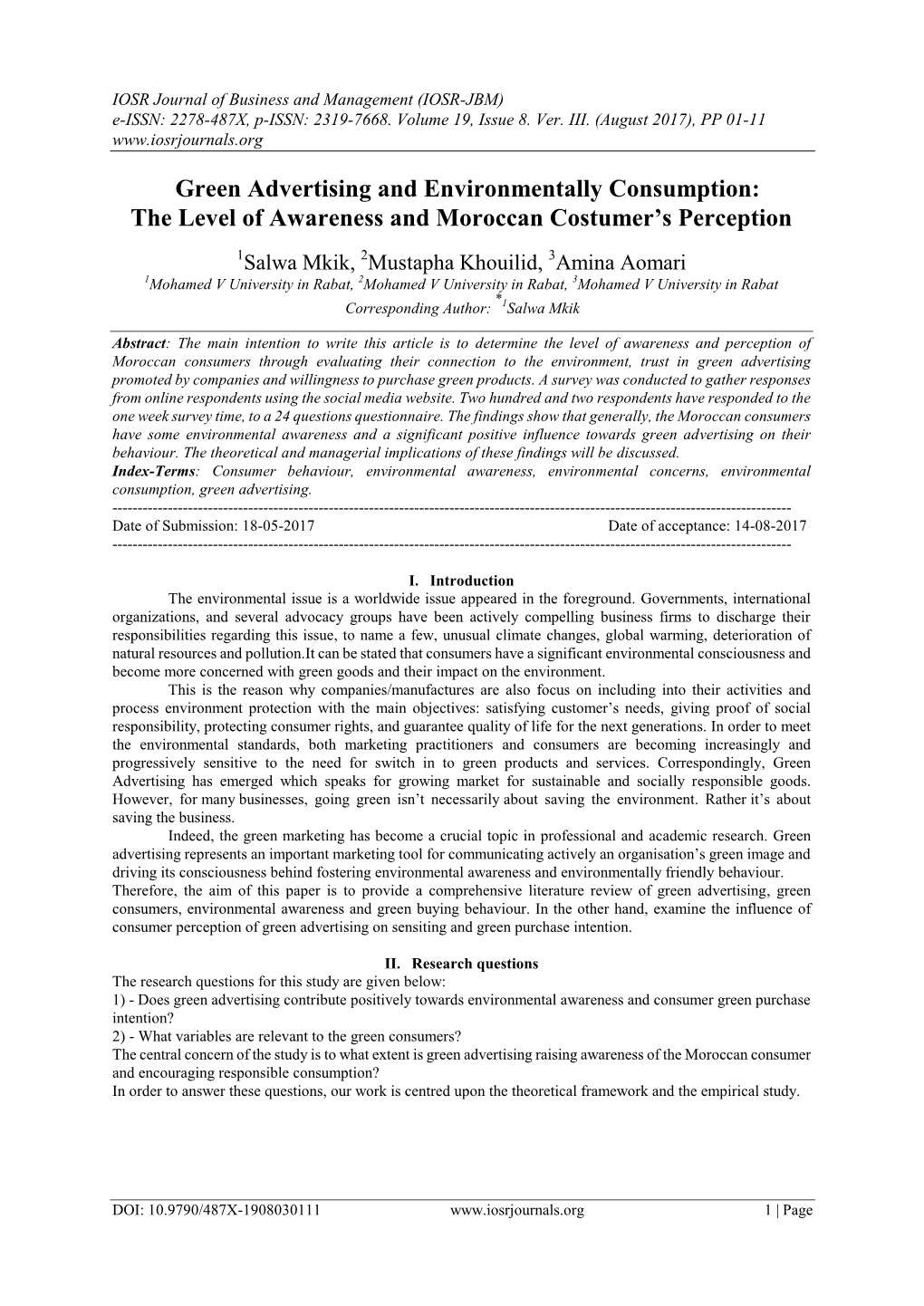 Green Advertising and Environmentally Consumption: the Level of Awareness and Moroccan Costumer’S Perception