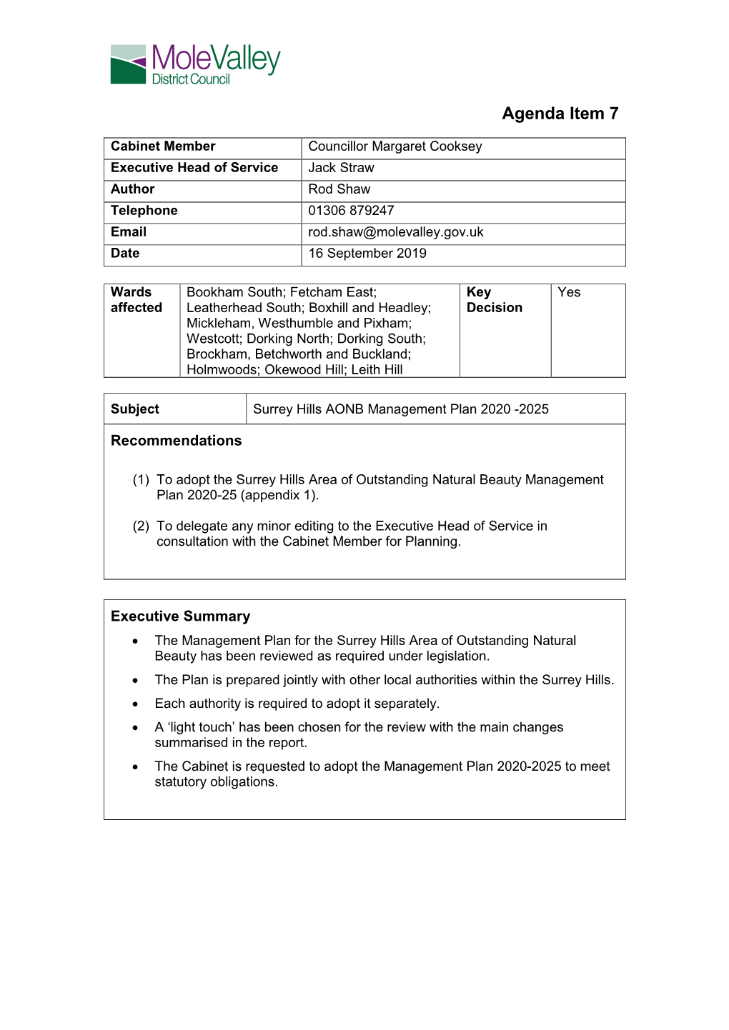 Item 7. Surrey Hills AONB Management Plan 2020-2025