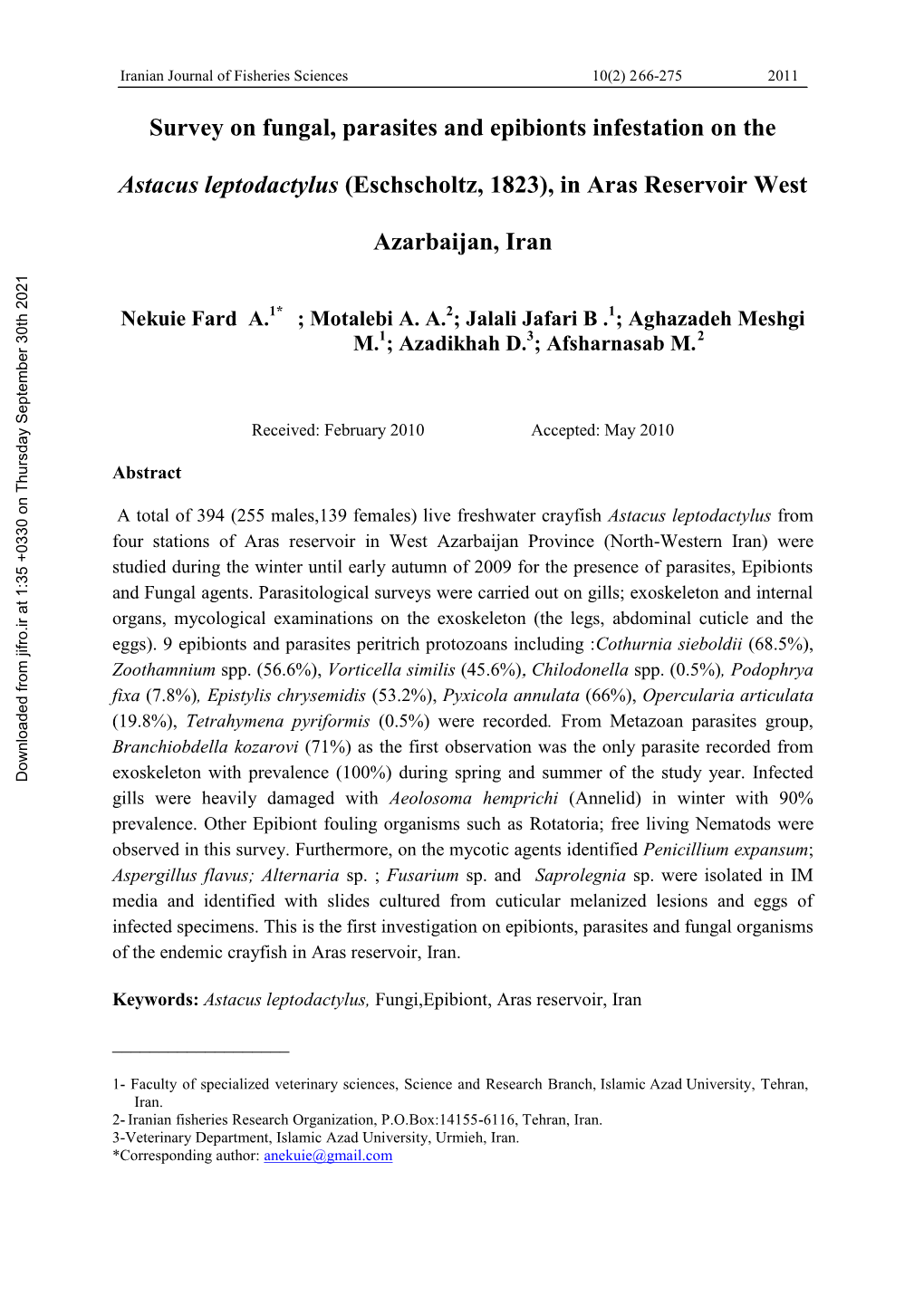 Survey on Fungal, Parasites and Epibionts Infestation on the Astacus Leptodactylus…