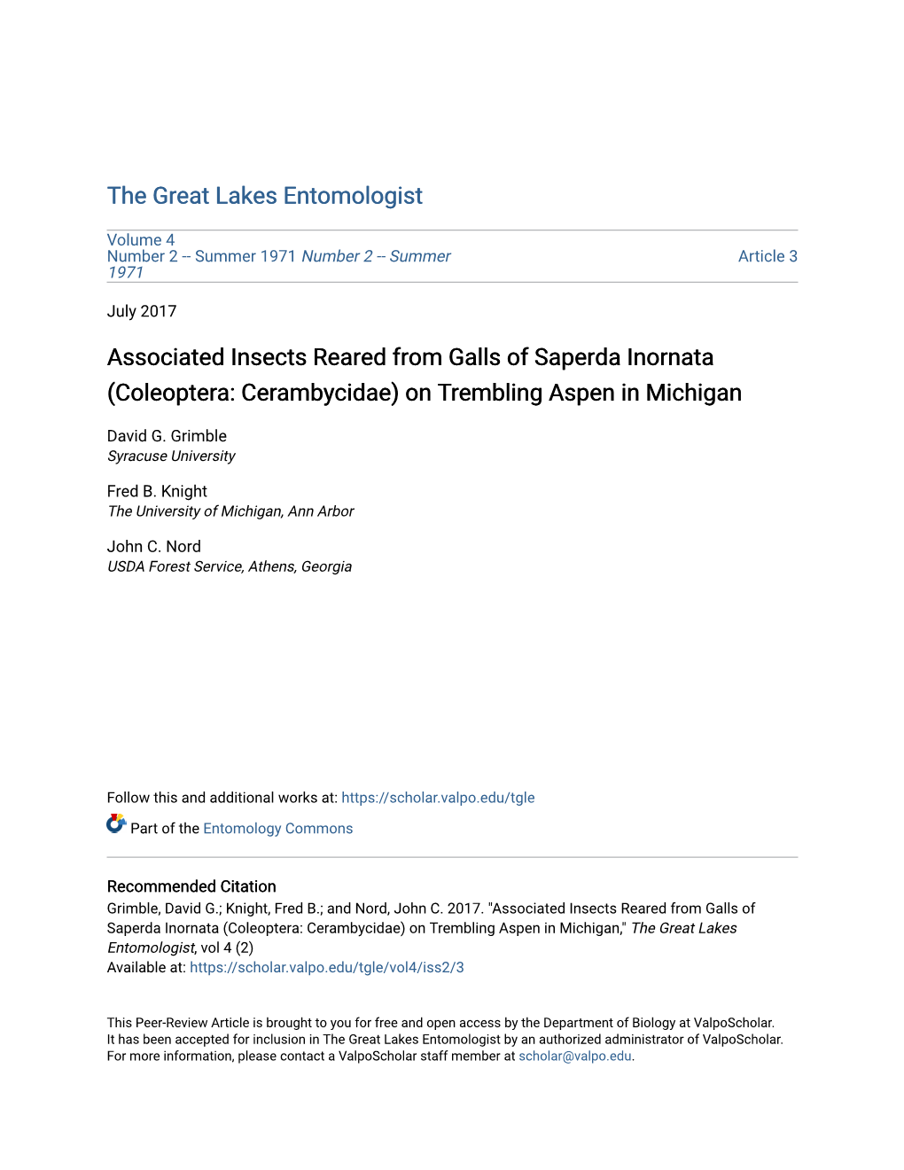 Associated Insects Reared from Galls of Saperda Inornata (Coleoptera: Cerambycidae) on Trembling Aspen in Michigan