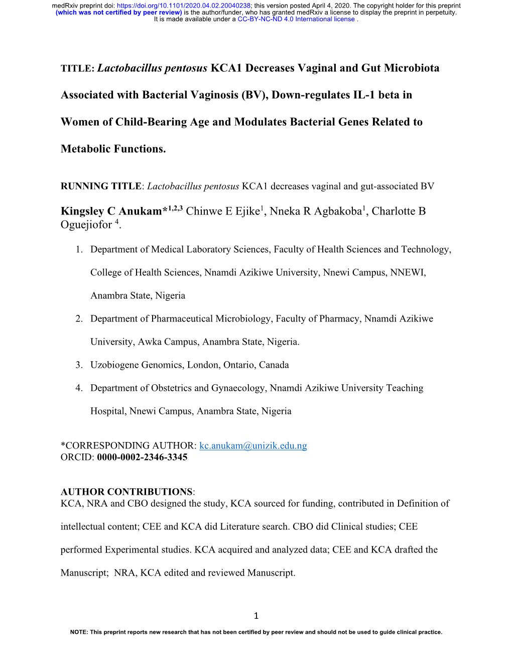 Lactobacillus Pentosus KCA1 Decreases Vaginal and Gut Microbiota