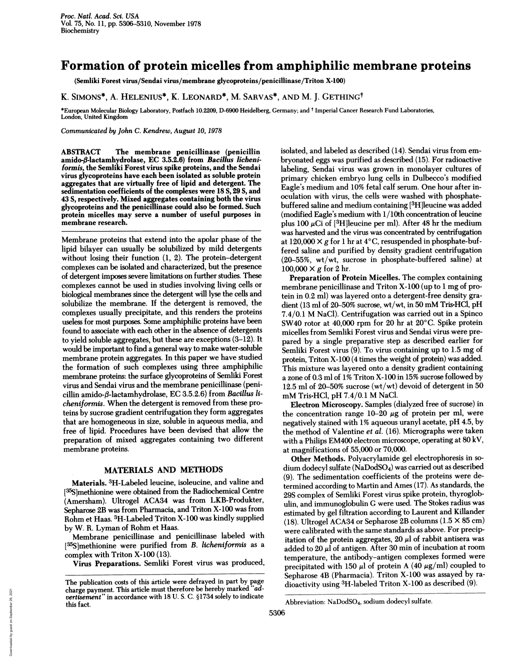 Formation of Protein Micelles from Amphiphilic Membrane Proteins (Semliki Forest Virus/Sendai Virus/Membrane Glycoproteins/Penicillinase/Triton X-100) K