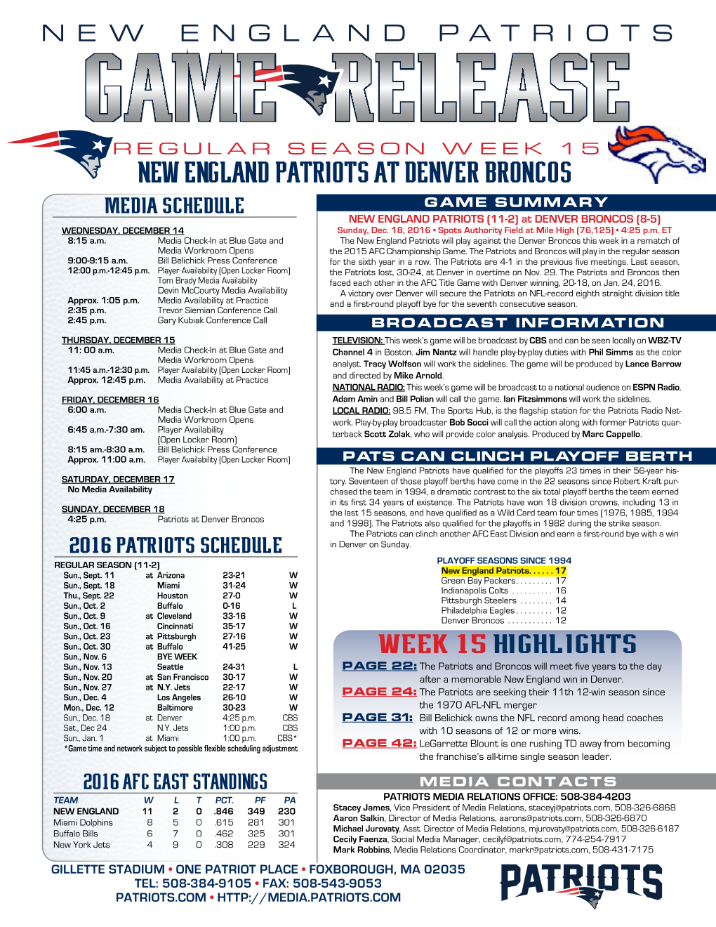 NEW ENGLAND PATRIOTS at DENVER BRONCOS MEDIA SCHEDULE GAME SUMMARY NEW ENGLAND PATRIOTS (11-2) at DENVER BRONCOS (8-5) WEDNESDAY, DECEMBER 14 Sunday, Dec