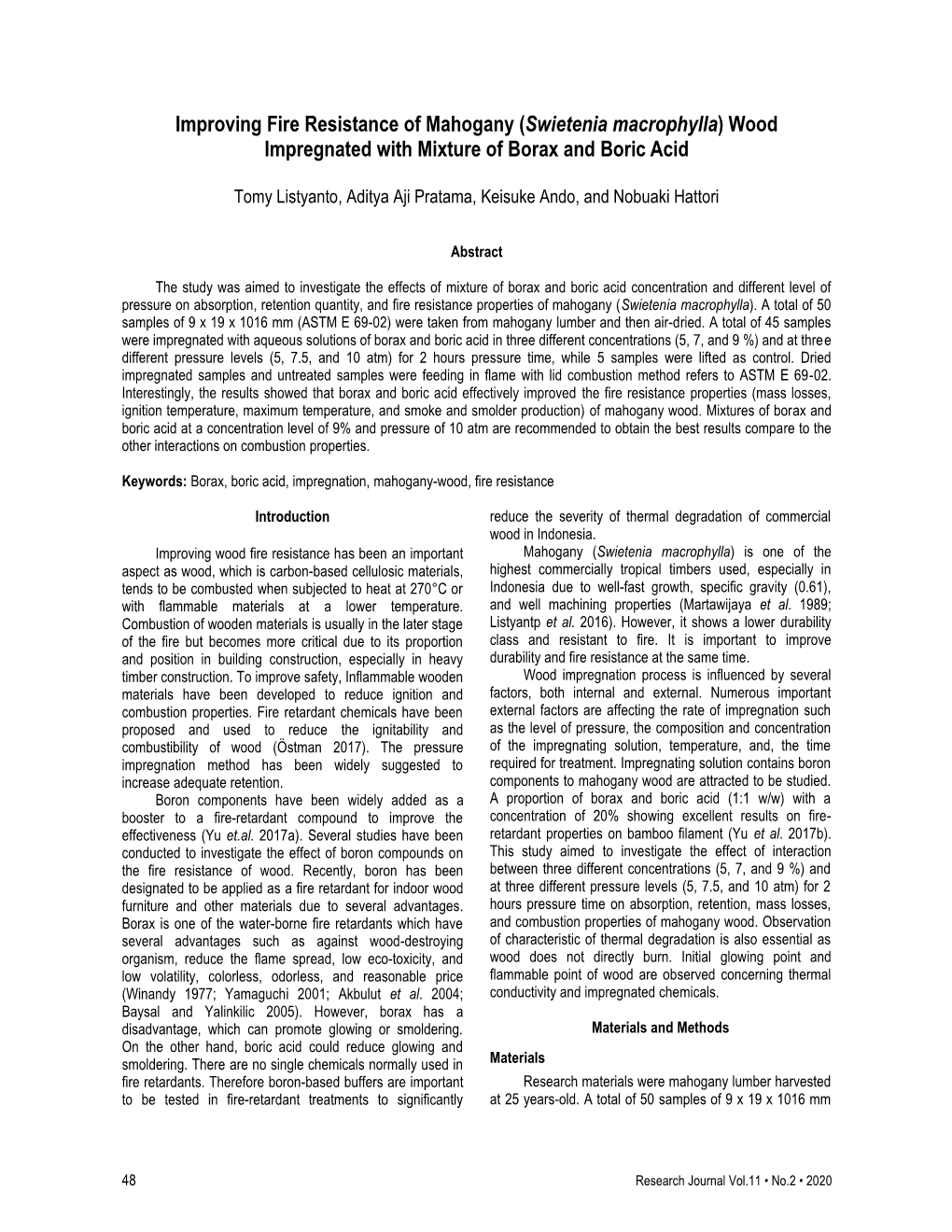 Improving Fire Resistance of Mahogany (Swietenia Macrophylla) Wood Impregnated with Mixture of Borax and Boric Acid