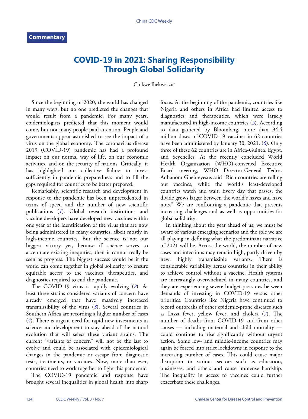 COVID-19 in 2021: Sharing Responsibility Through Global Solidarity