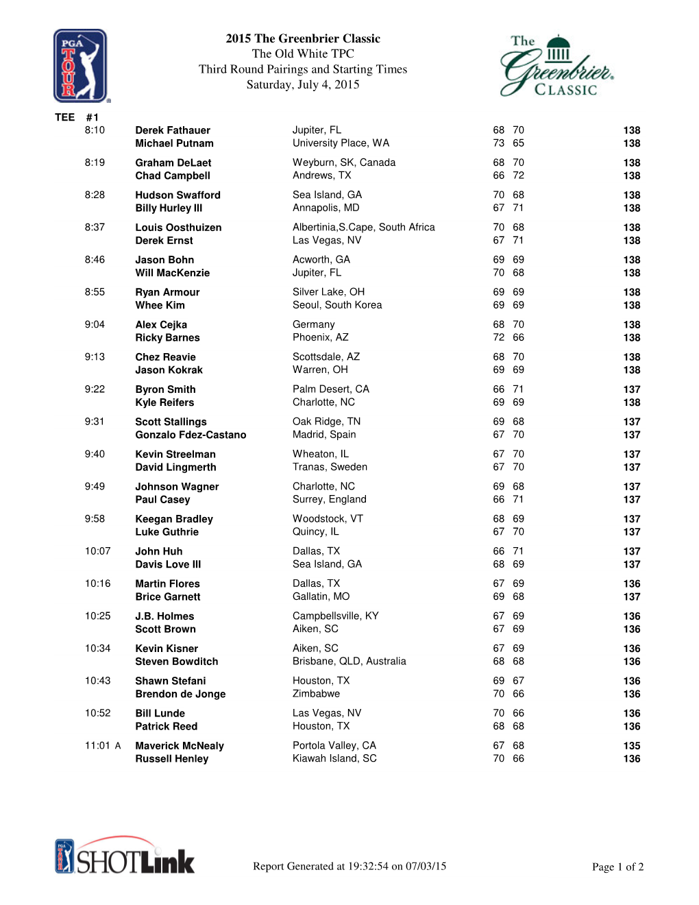 2015 the Greenbrier Classic the Old White TPC Third Round Pairings and Starting Times Saturday, July 4, 2015