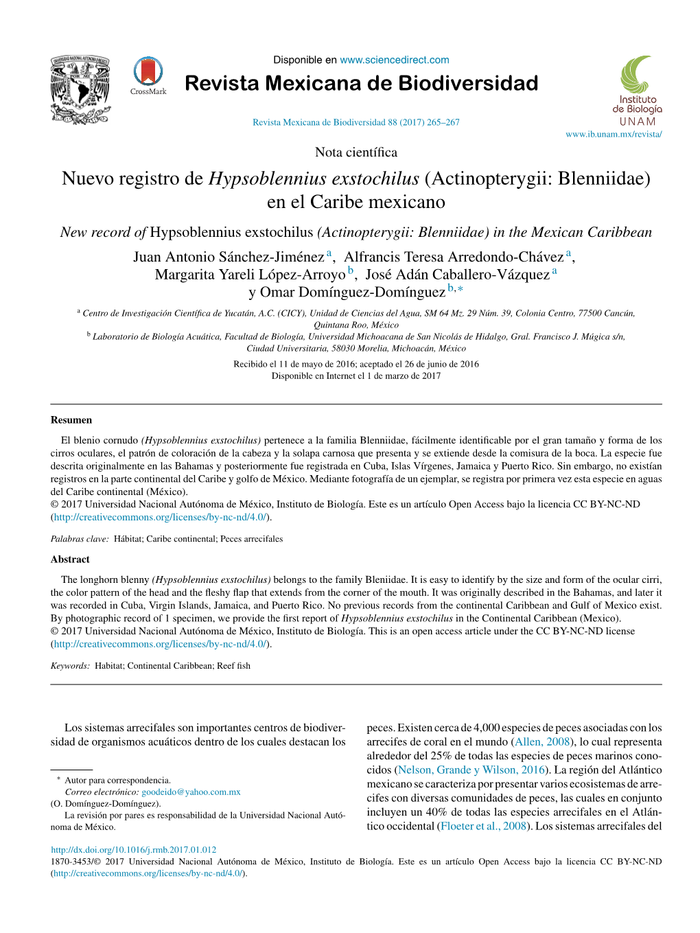 Nuevo Registro De Hypsoblennius Exstochilus (Actinopterygii: Blenniidae)