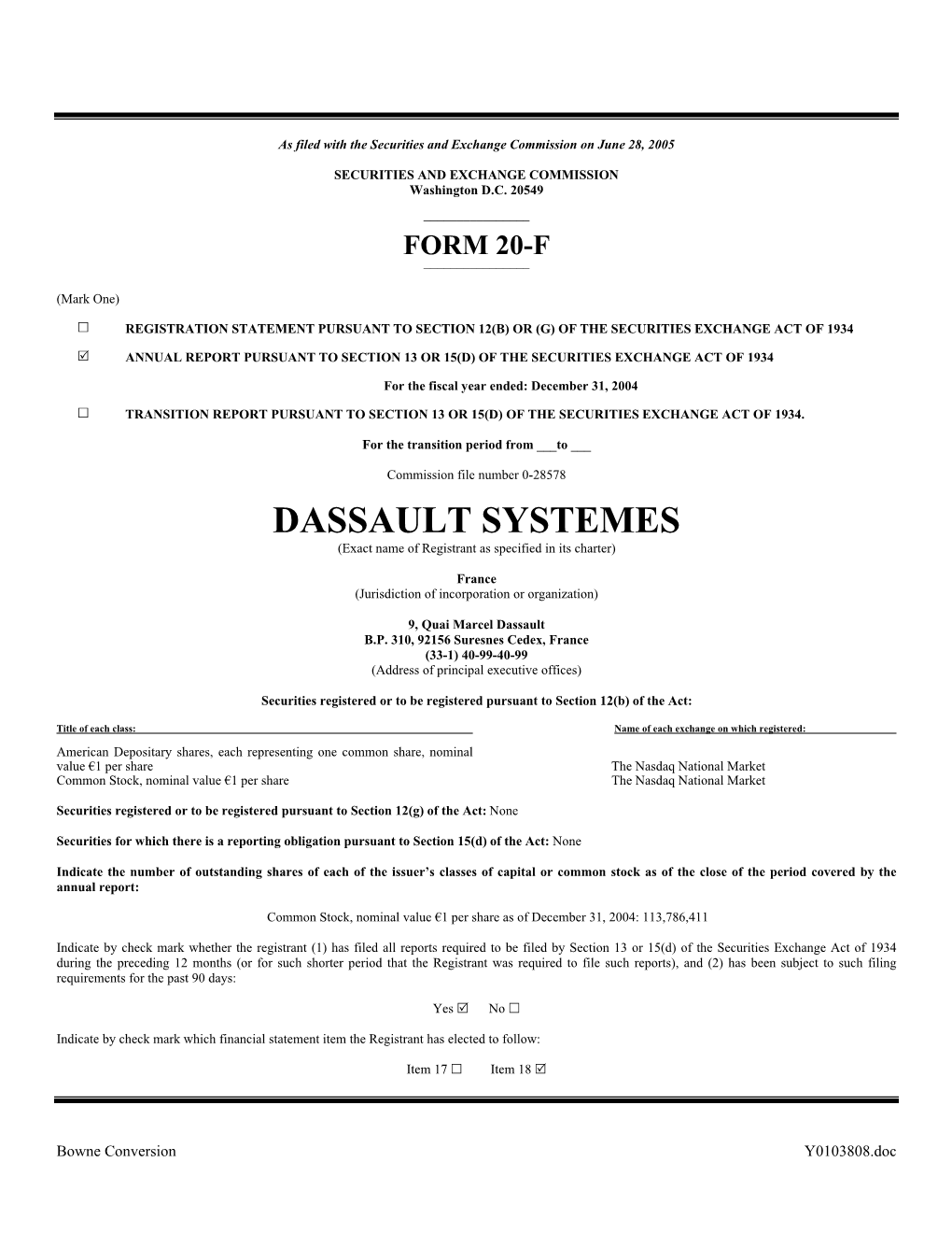 DASSAULT SYSTEMES (Exact Name of Registrant As Specified in Its Charter)