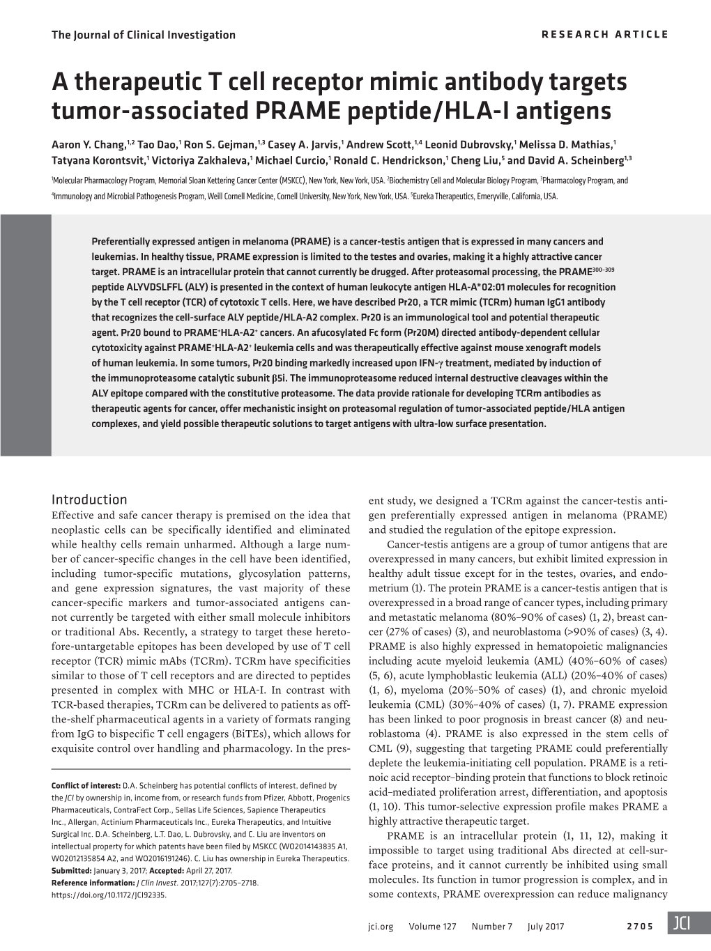 A Therapeutic T Cell Receptor Mimic Antibody Targets Tumor-Associated PRAME Peptide/HLA-I Antigens