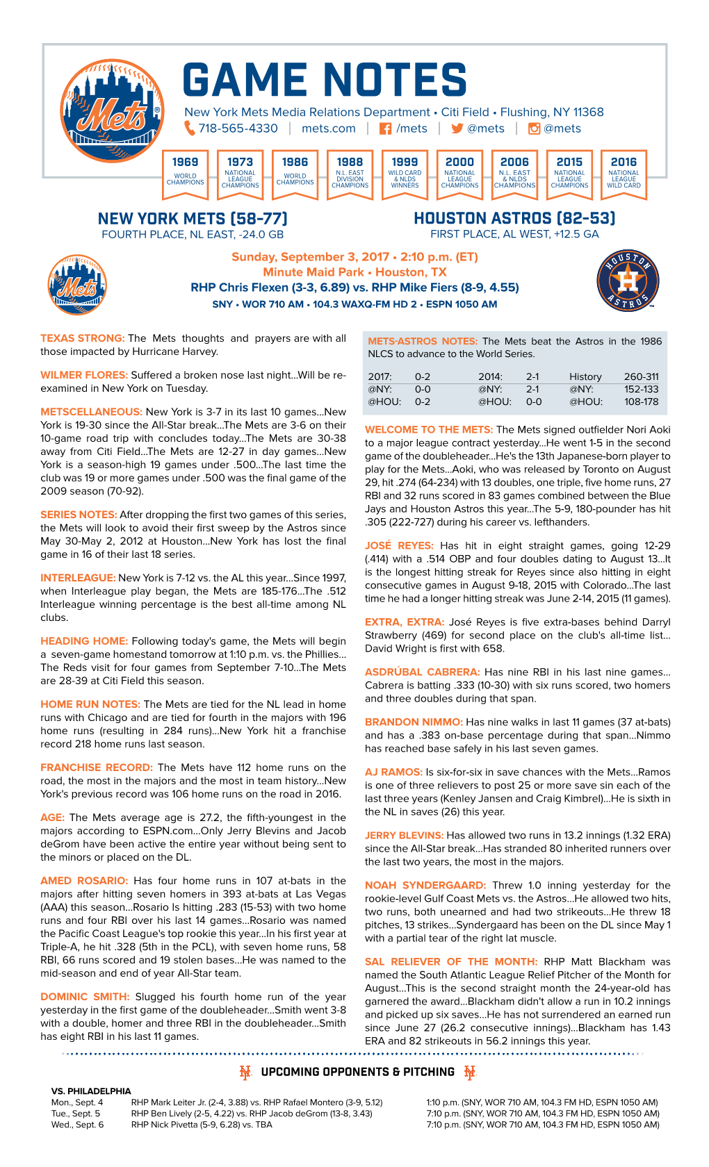 GAME NOTES New York Mets Media Relations Department • Citi Field • Flushing, NY 11368 718-565-4330 | Mets.Com | /Mets | @Mets | @Mets