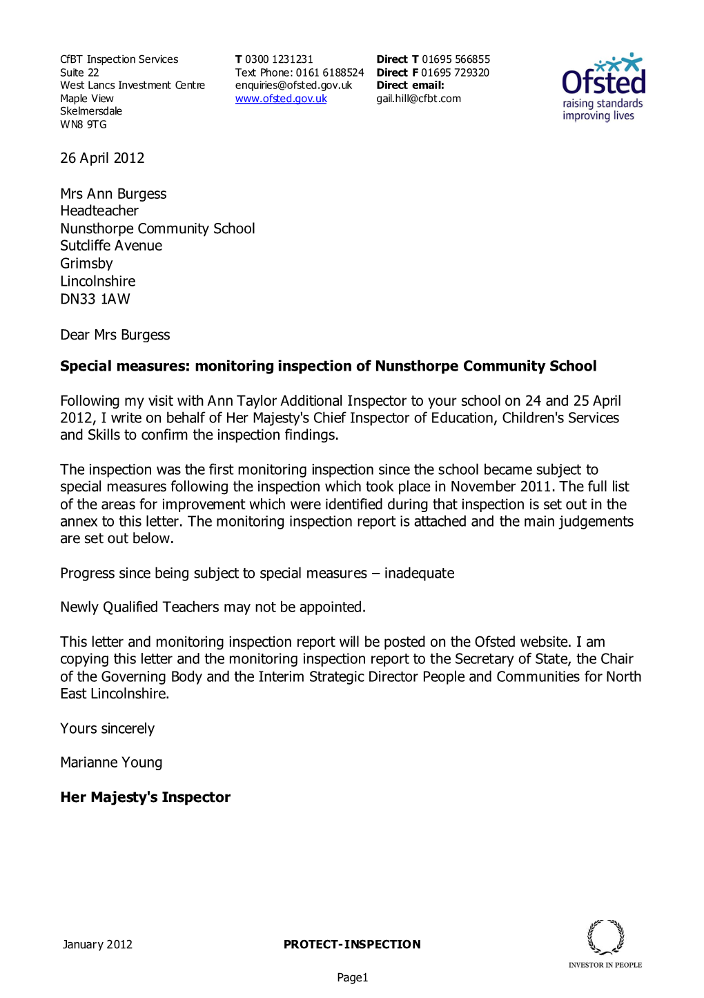 26 April 2012 Mrs Ann Burgess Headteacher Nunsthorpe