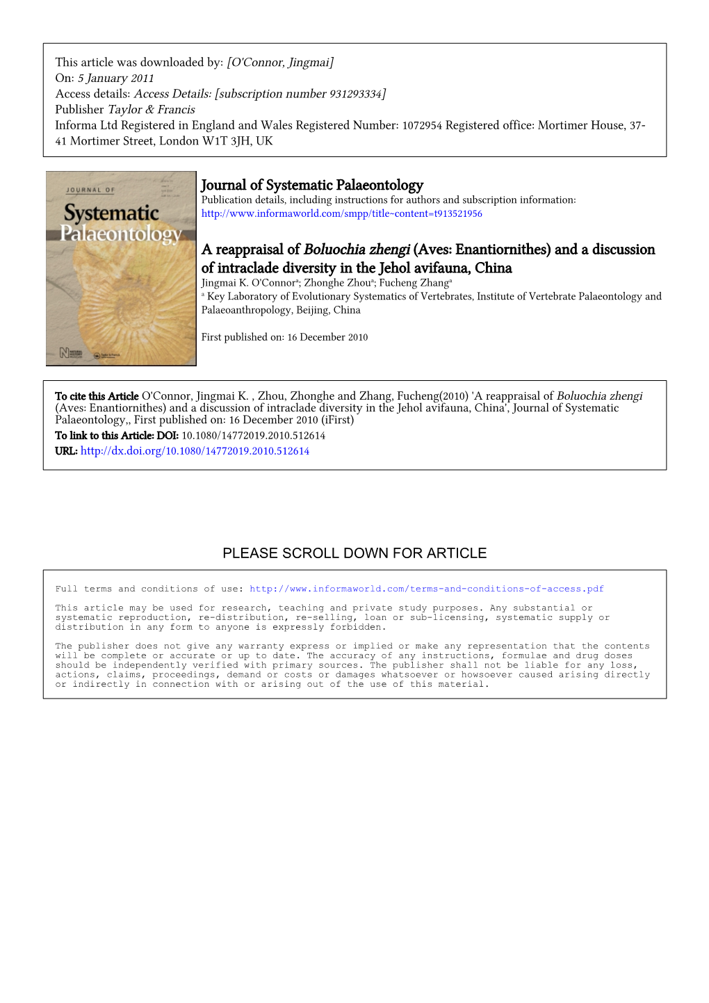 Journal of Systematic Palaeontology a Reappraisal of Boluochia Zhengi