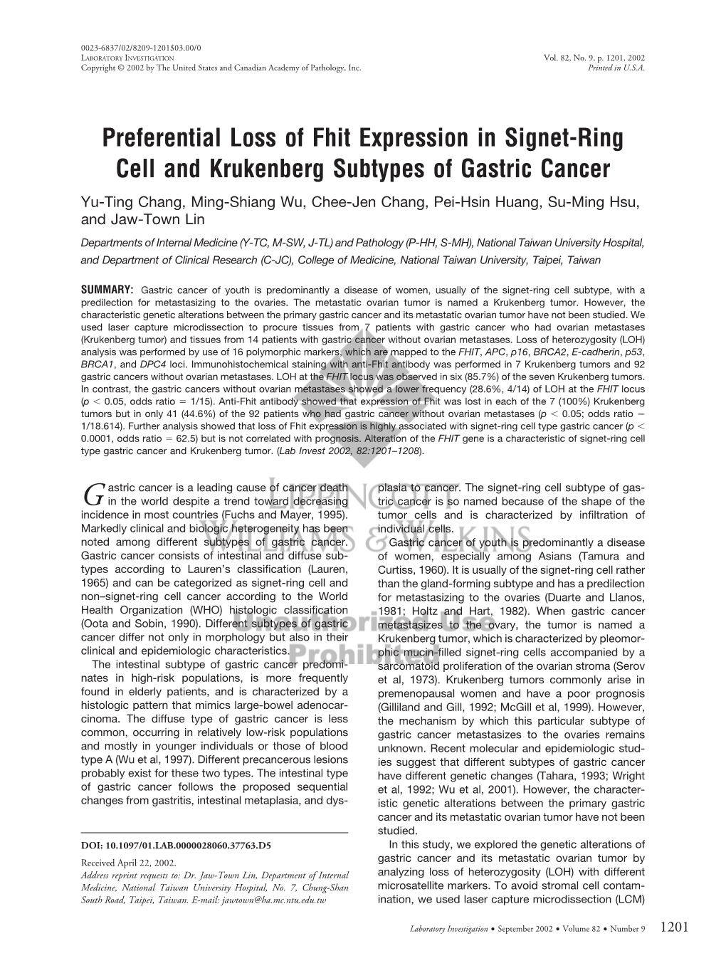 Preferential Loss of Fhit Expression in Signet-Ring Cell and Krukenberg