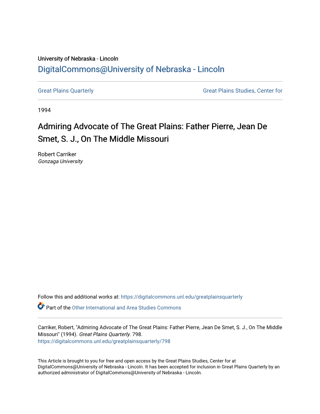 Admiring Advocate of the Great Plains: Father Pierre, Jean De Smet, S