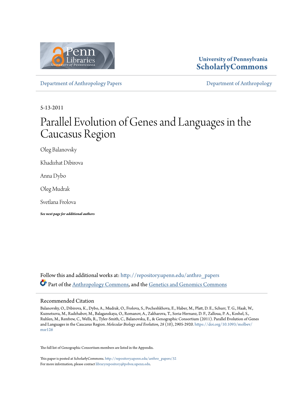 Parallel Evolution of Genes and Languages in the Caucasus Region Oleg Balanovsky