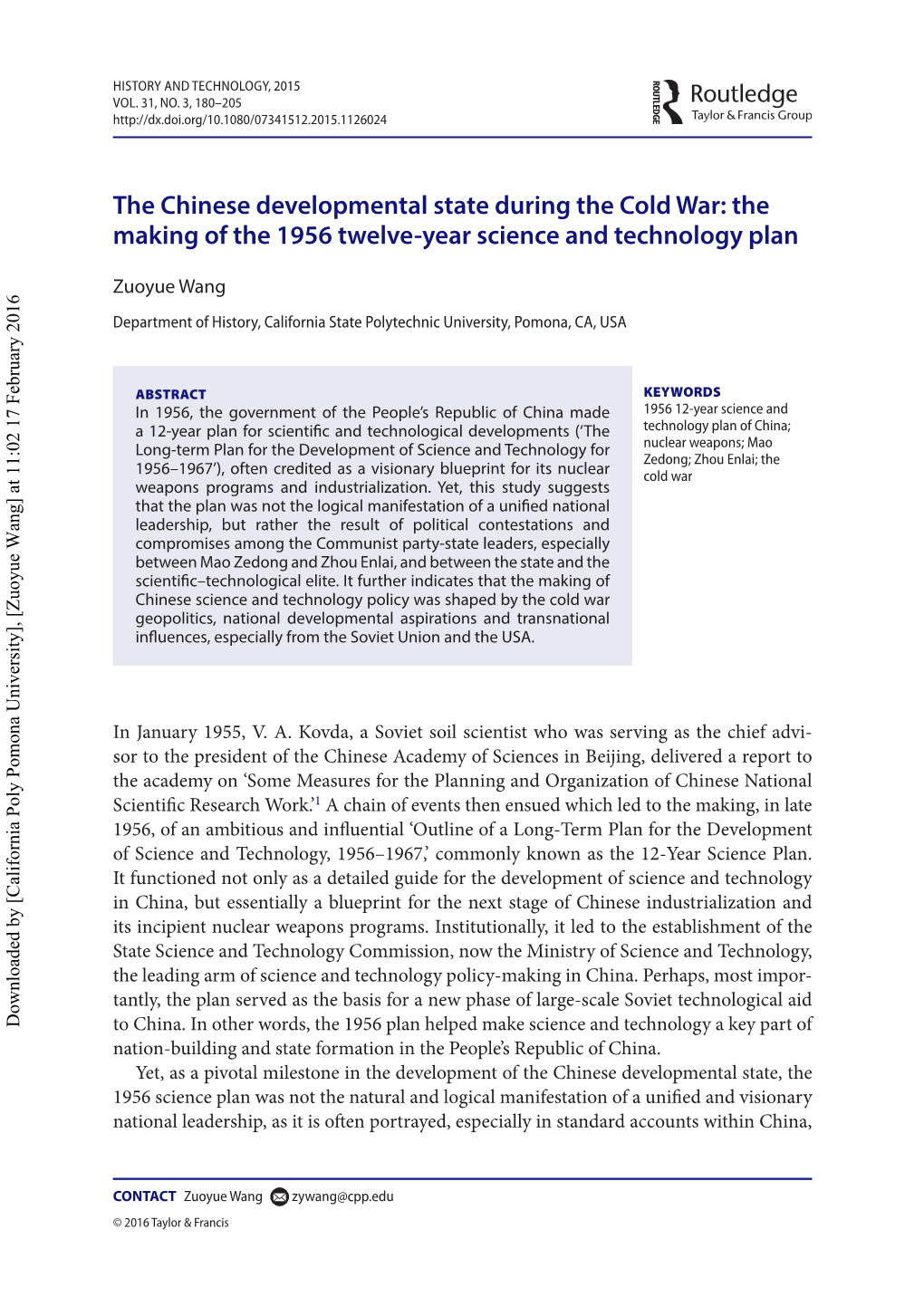 The Chinese Developmental State During the Cold War: the Making of the 1956 Twelve-Year Science and Technology Plan