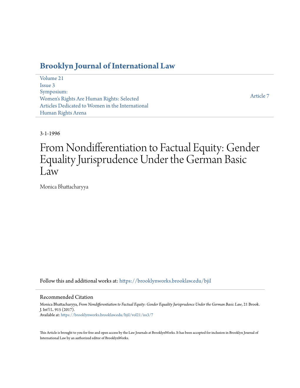 Gender Equality Jurisprudence Under the German Basic Law Monica Bhattacharyya