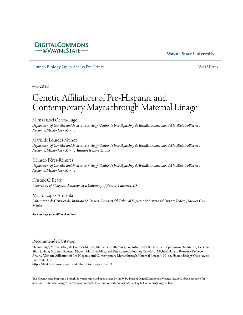 Genetic Affiliation of Pre-Hispanic and Contemporary Mayas Through Maternal Linage